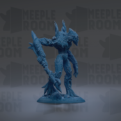 A blue, fantastical creature with sharp teeth and claws stands on a base, surrounded by repeated text and logos.