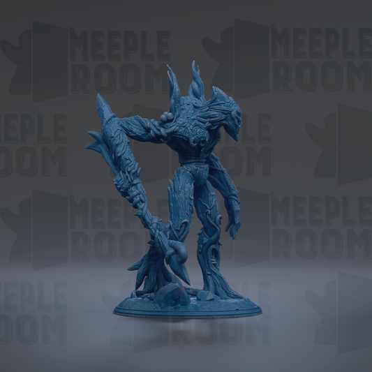 A blue, fantastical creature with sharp teeth and claws stands on a base, surrounded by repeated text and logos.