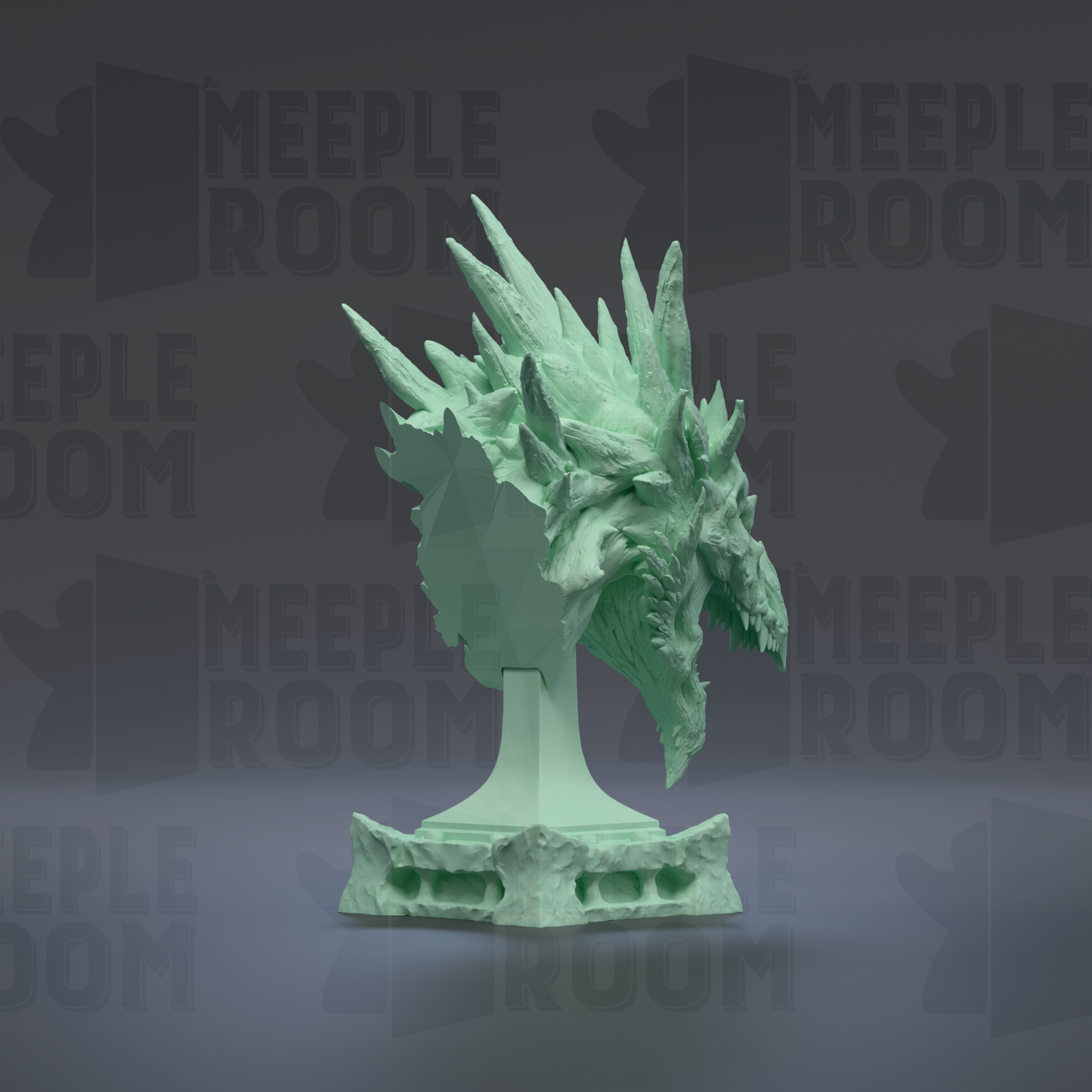A green dragon head sculpture is displayed against a dark background with the text "MEIPLLE ROOM" repeated multiple times.