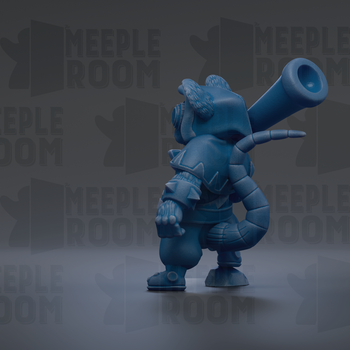 A blue toy figurine with a large gun-like object on its head, standing on one leg against a dark background with repeated text.