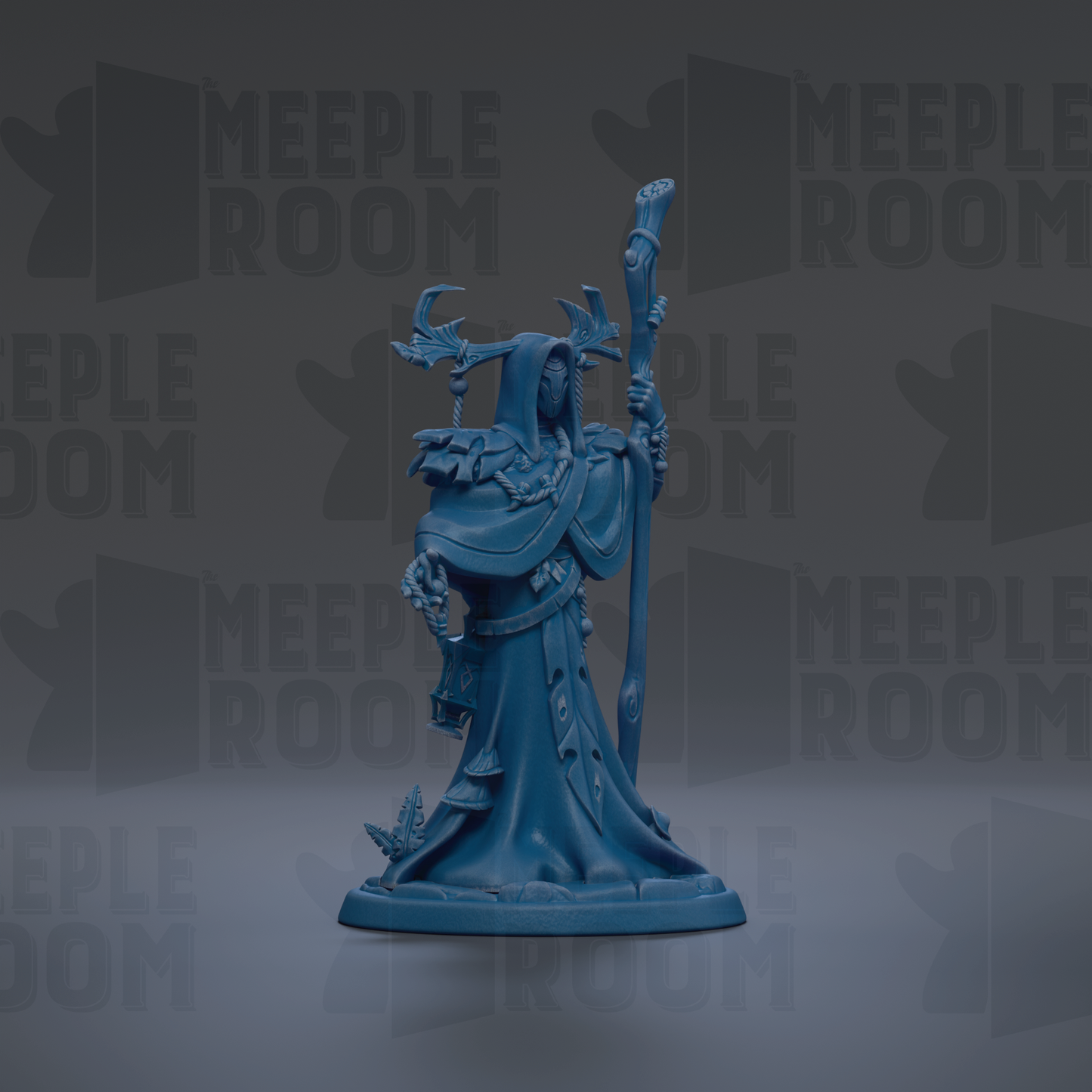 A blue figurine of a wizard or magical figure, holding a staff and standing on a pedestal.