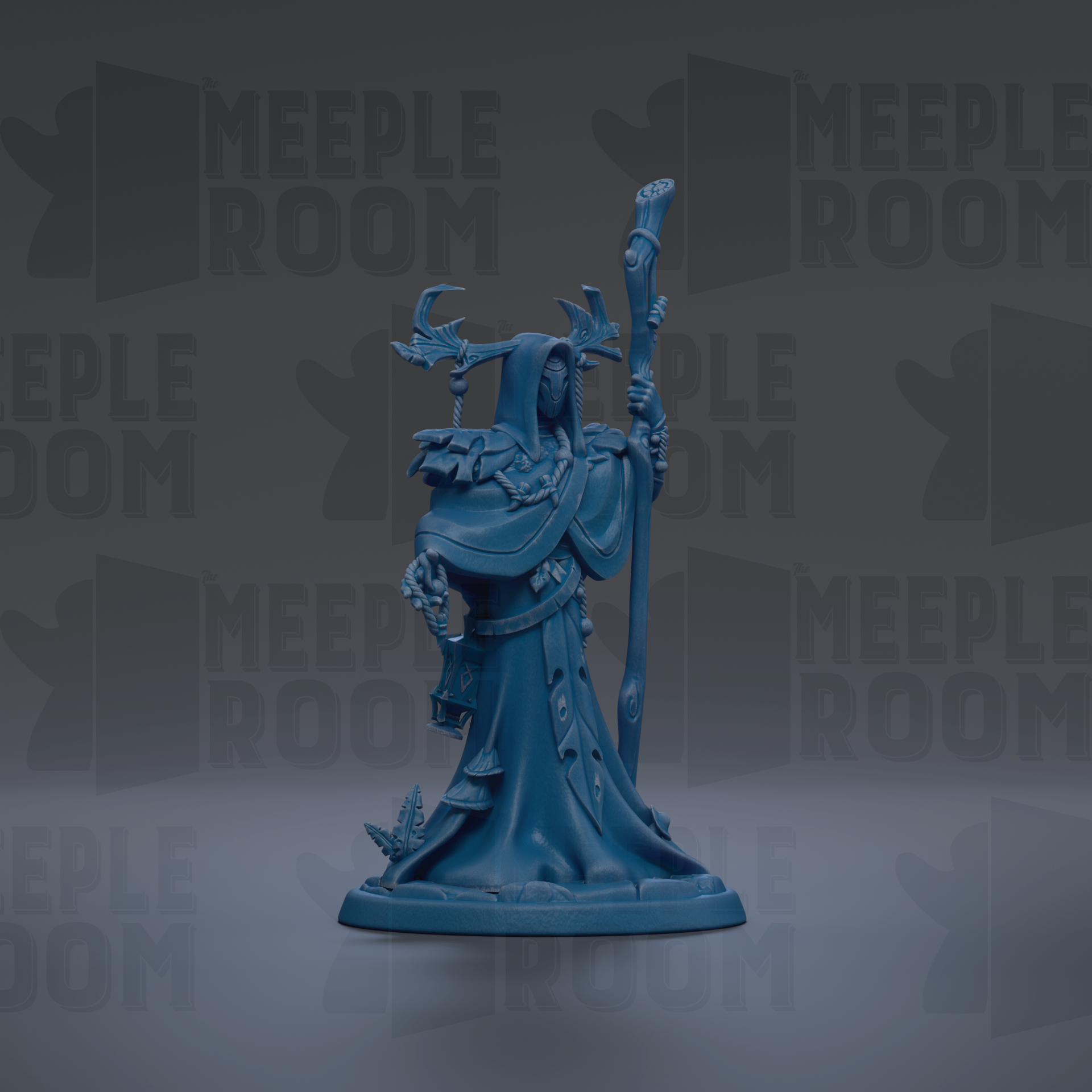 A blue figurine of a wizard or magical figure, holding a staff and standing on a pedestal.