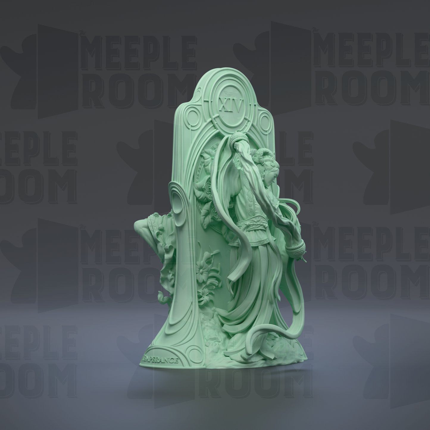 a green, ornate statue of a figure with a large headdress and intricate details, set against a dark background with repeated text.