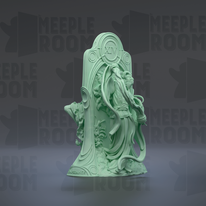 a green, ornate statue of a figure with a large headdress and intricate details, set against a dark background with repeated text.