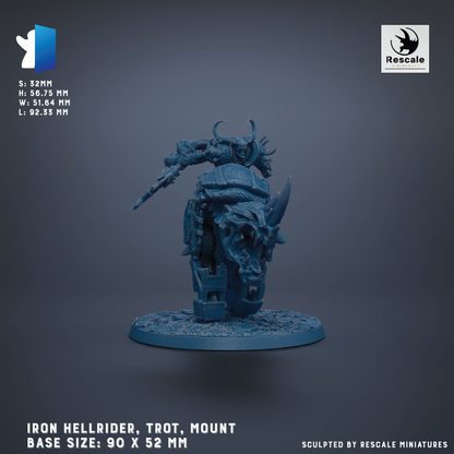 a 3D model of an Iron Hellrider, a type of armored vehicle, mounted on a base. The base sizes are 90 x 52 mm. The image is a 3D rendering of the Iron Hellrider, and it is presented against a dark background.