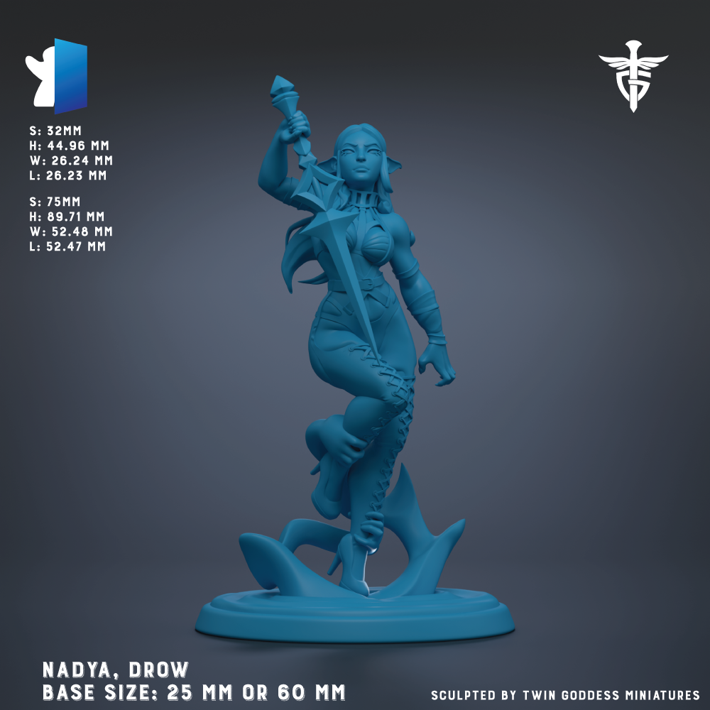 The image is a 3D rendering of a blue statue of a female character, possibly a deity or goddess, with a sword in her hand. The statue is depicted in a dynamic pose, standing on a platform. The image is described as a "NADYA, DRAW" statue, with a base size of either 25 mm or 60 mm. The image is described as a "Sculpted by TWIN GODS MINIATURES".