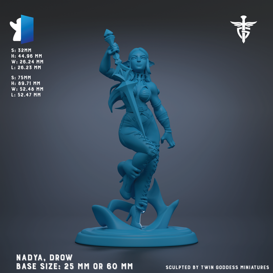 The image is a 3D rendering of a blue statue of a female character, possibly a deity or goddess, with a sword in her hand. The statue is depicted in a dynamic pose, standing on a platform. The image is described as a "NADYA, DRAW" statue, with a base size of either 25 mm or 60 mm. The image is described as a "Sculpted by TWIN GODS MINIATURES".