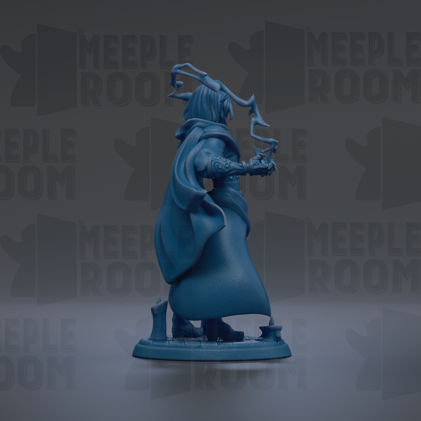 A blue figurine of a person with a flowing cape and a large headdress, standing on a base and holding a weapon.