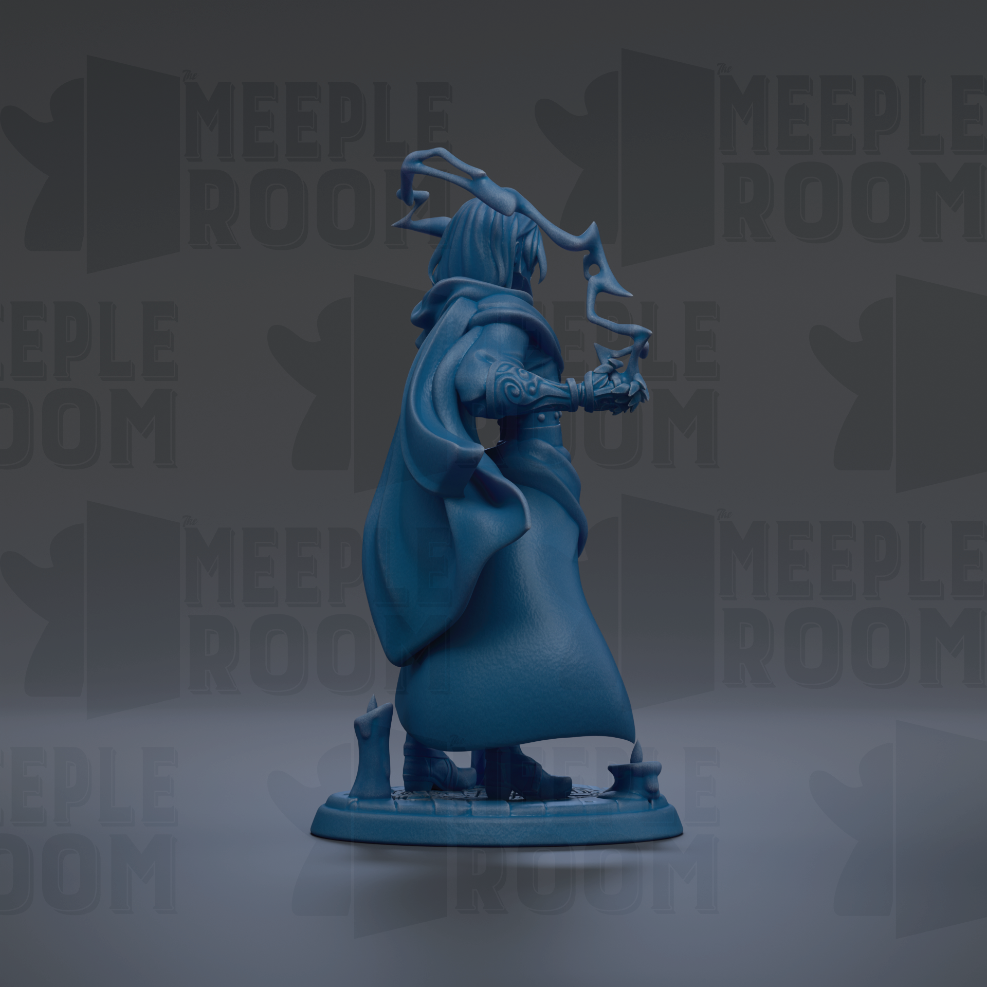 A blue figurine of a person with a flowing cape and a large headdress, standing on a base and holding a weapon.