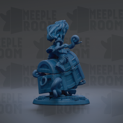 A blue figurine of a person sitting on a chest, with the word "MEUPLE ROOM" repeated in the background.