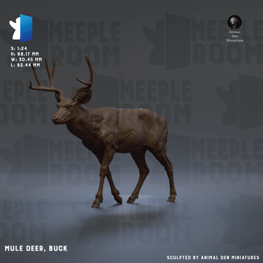 The image is a 3D model of a mule deer, specifically a Buck mule, which is a type of deer. The model is shown in a standing position, with its antlers visible. The background of the image is a dark gray color, and there is text and logos related to the model and the company that created it.