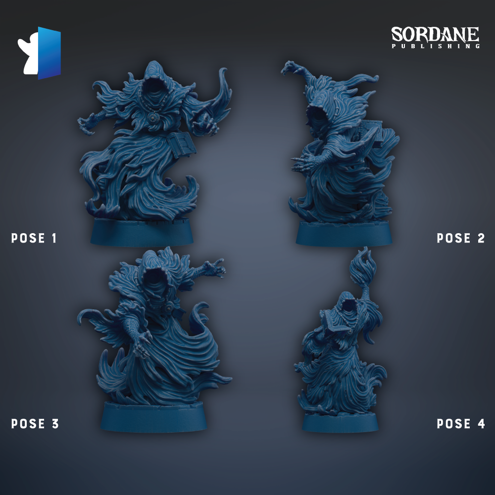 four figurines of a dark, mysterious character, each with a unique pose and expression, arranged in a grid against a dark background.