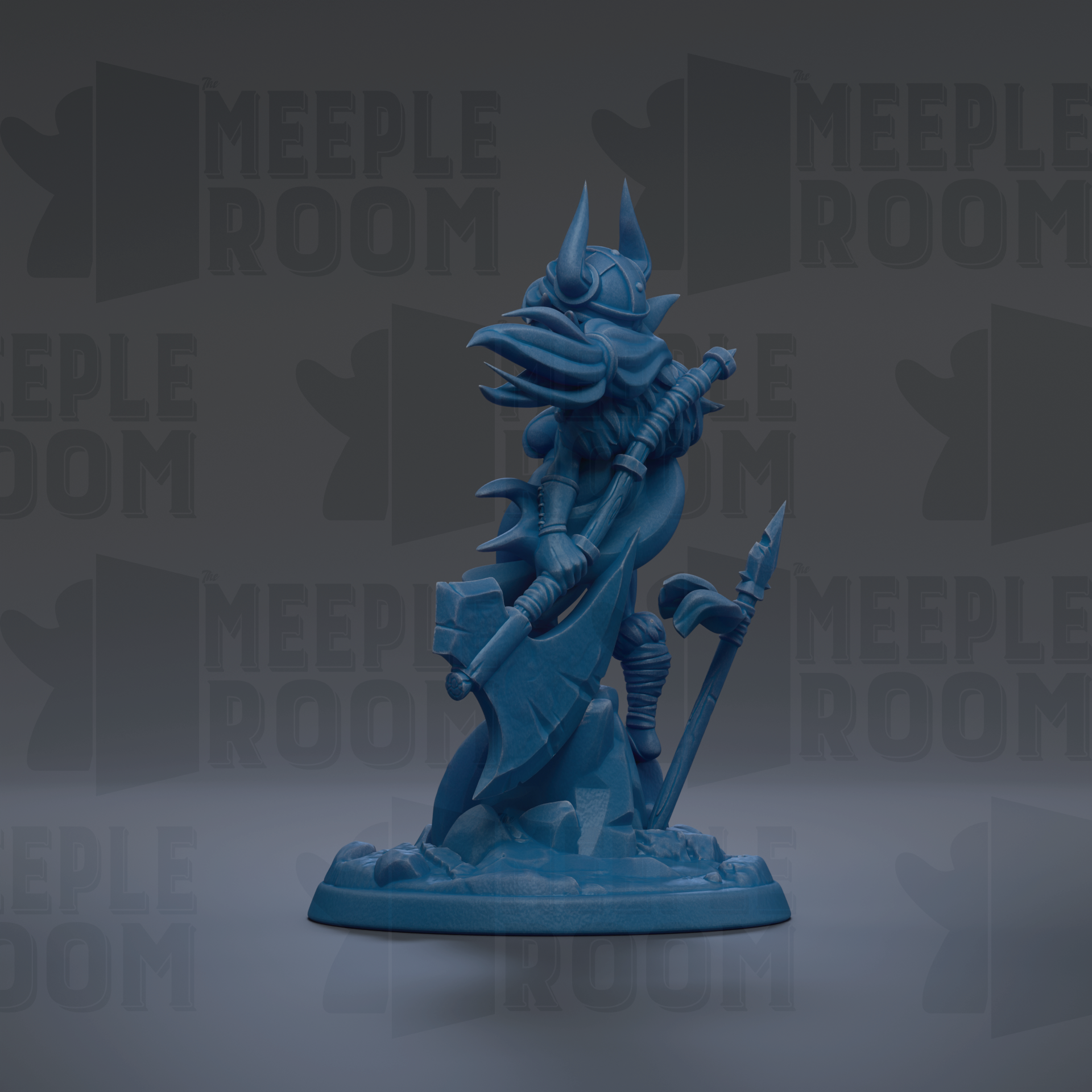 A blue figurine of a fantastical creature, possibly a dragon or serpent, is displayed against a dark background with repeated text.