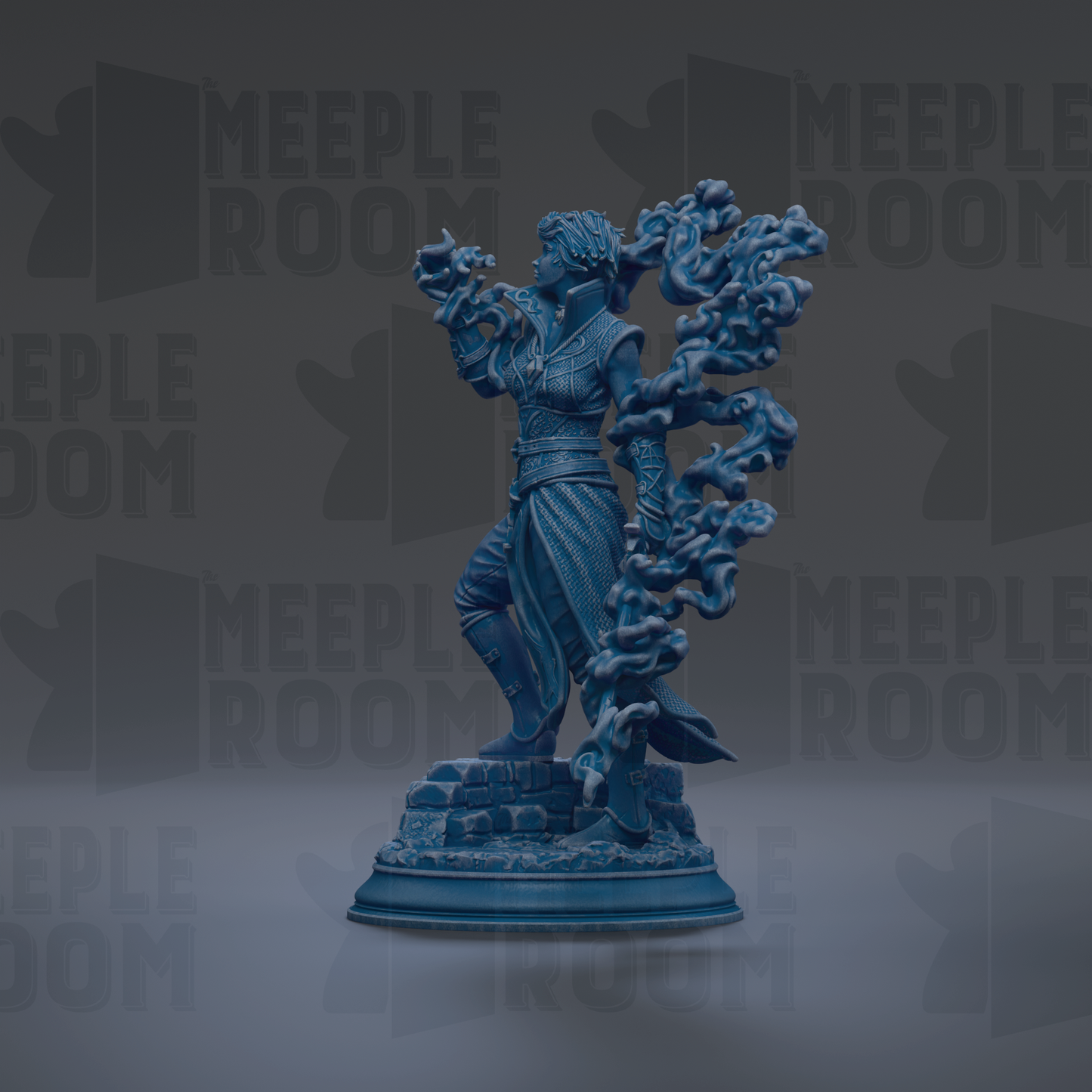 A blue figurine of a person holding a dragon-like creature, standing on a pedestal against a dark background with repeated text.