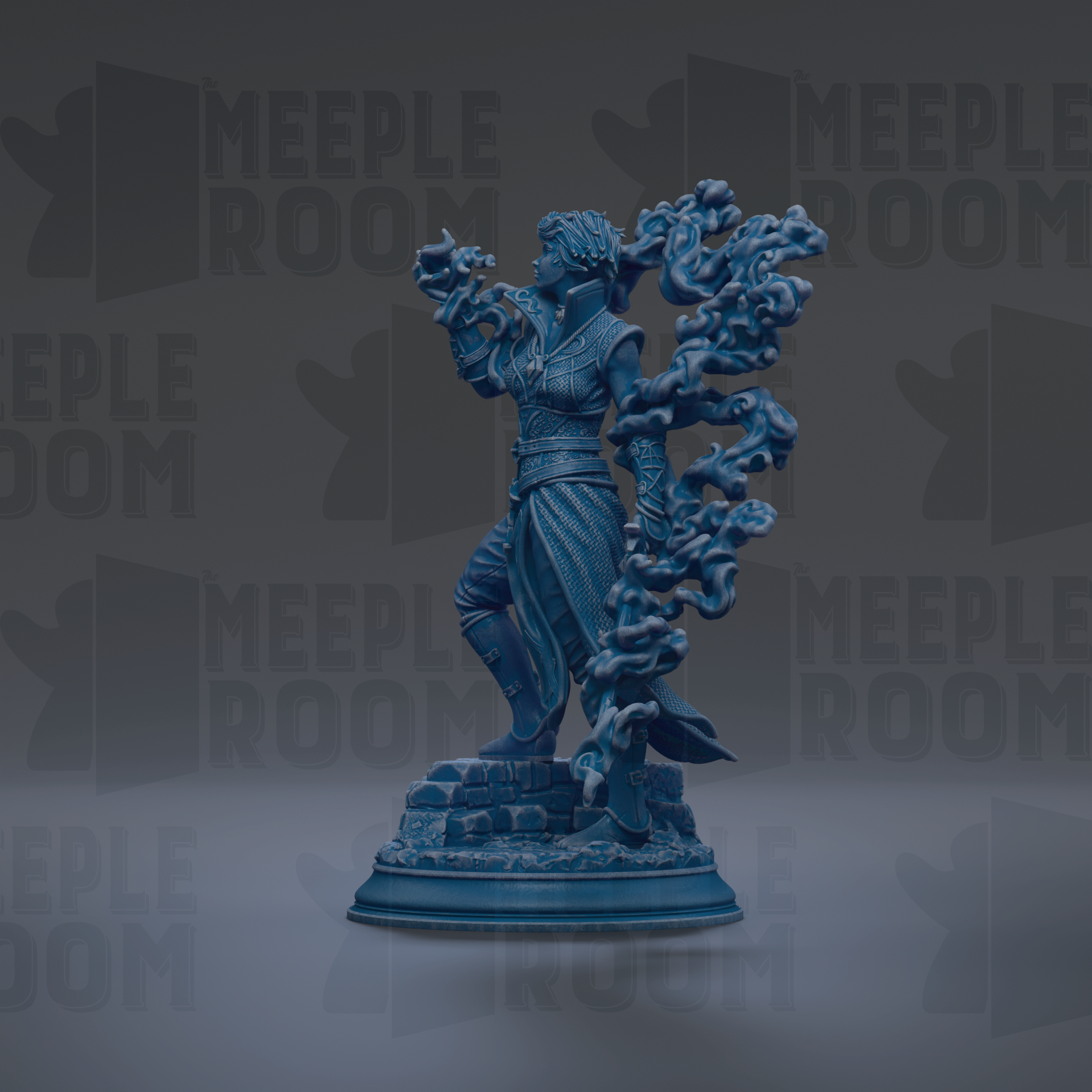 A blue figurine of a person holding a dragon-like creature, standing on a pedestal against a dark background with repeated text.