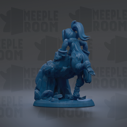 A blue figurine of a person with a long, flowing hair and a distinctive hairstyle is shown against a dark background with repeated text.