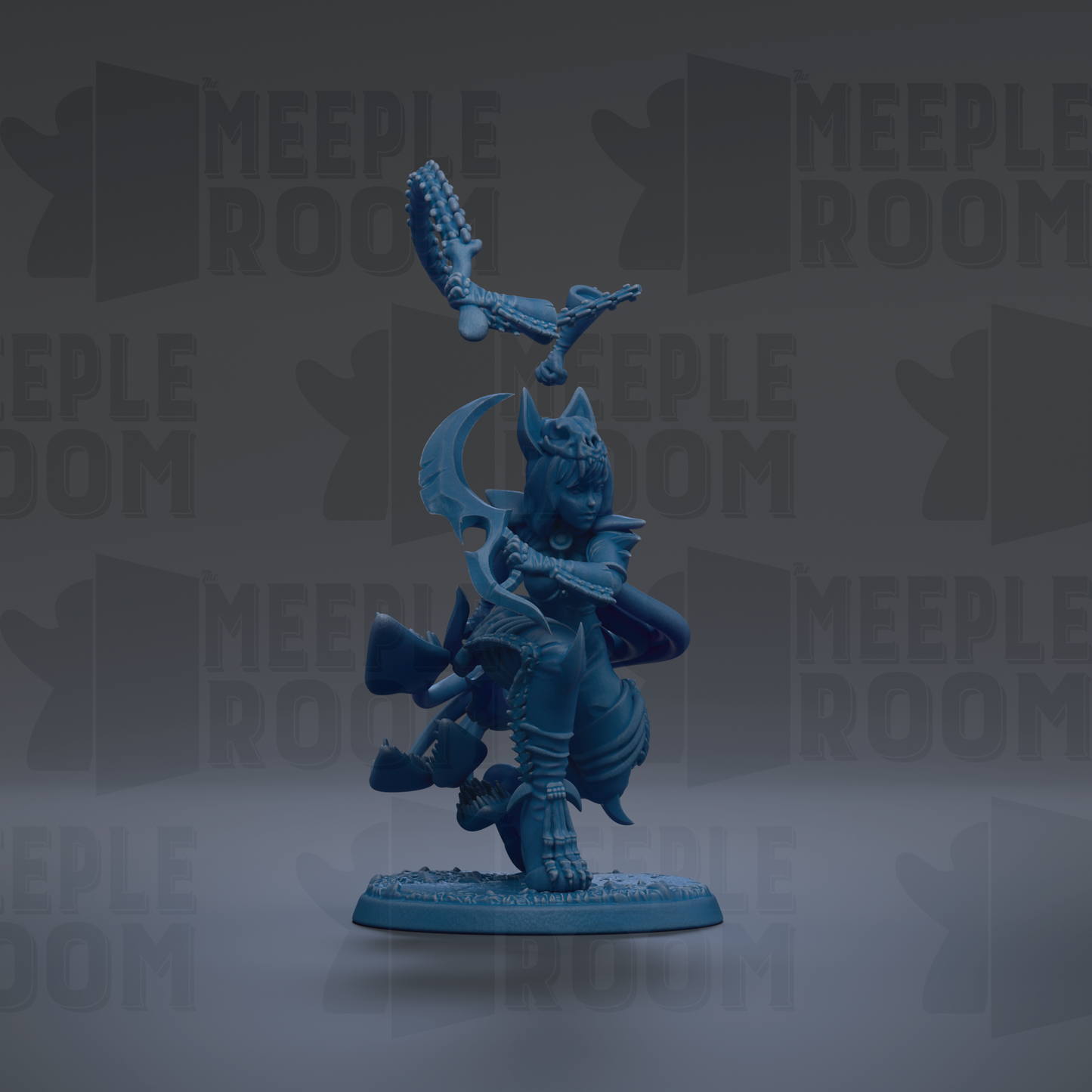 A blue figurine of a character with a sword and shield stands on a base against a dark background with repeated text.