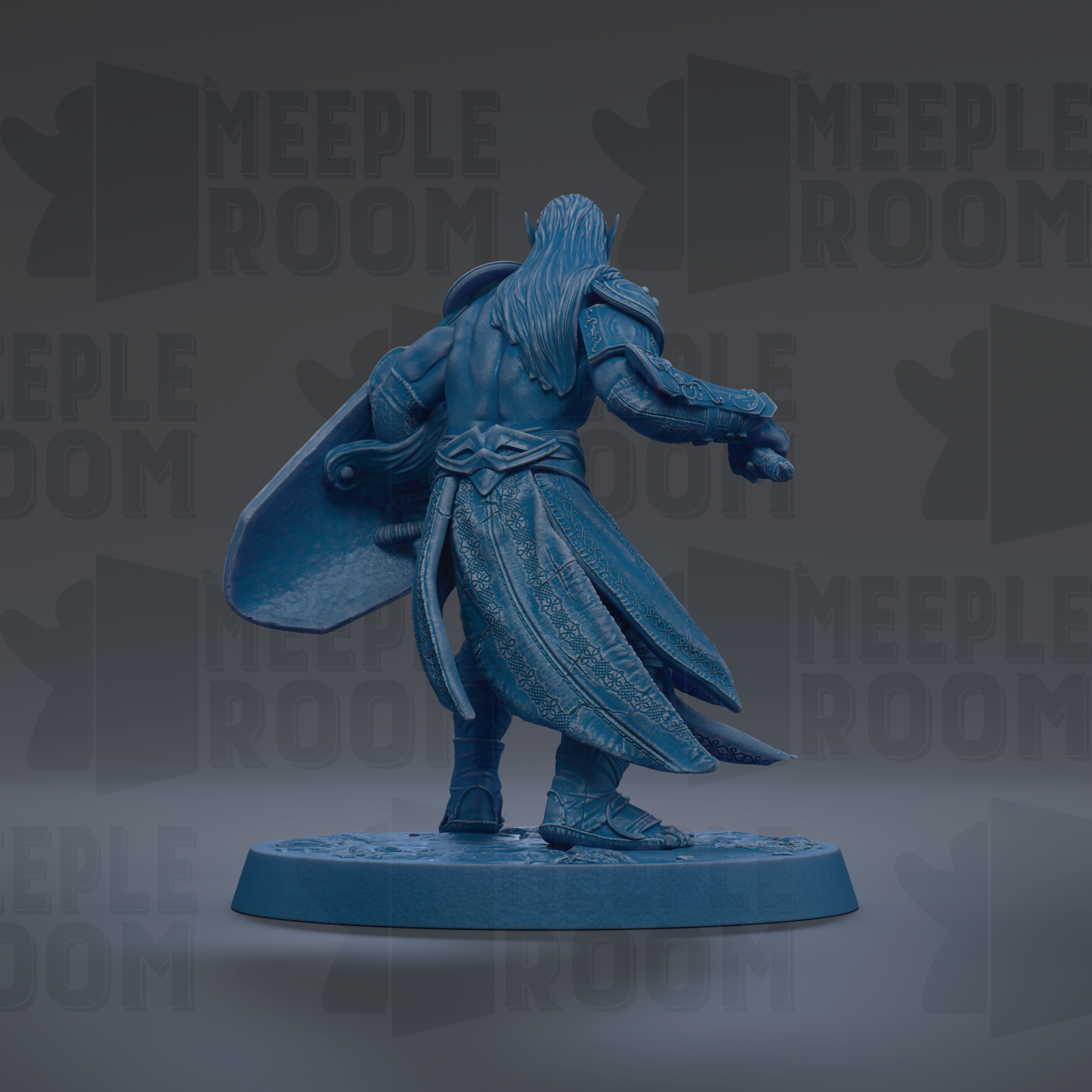 A blue figurine of a warrior standing on a base, with the text "MEUPLE ROOM" repeated in the background.