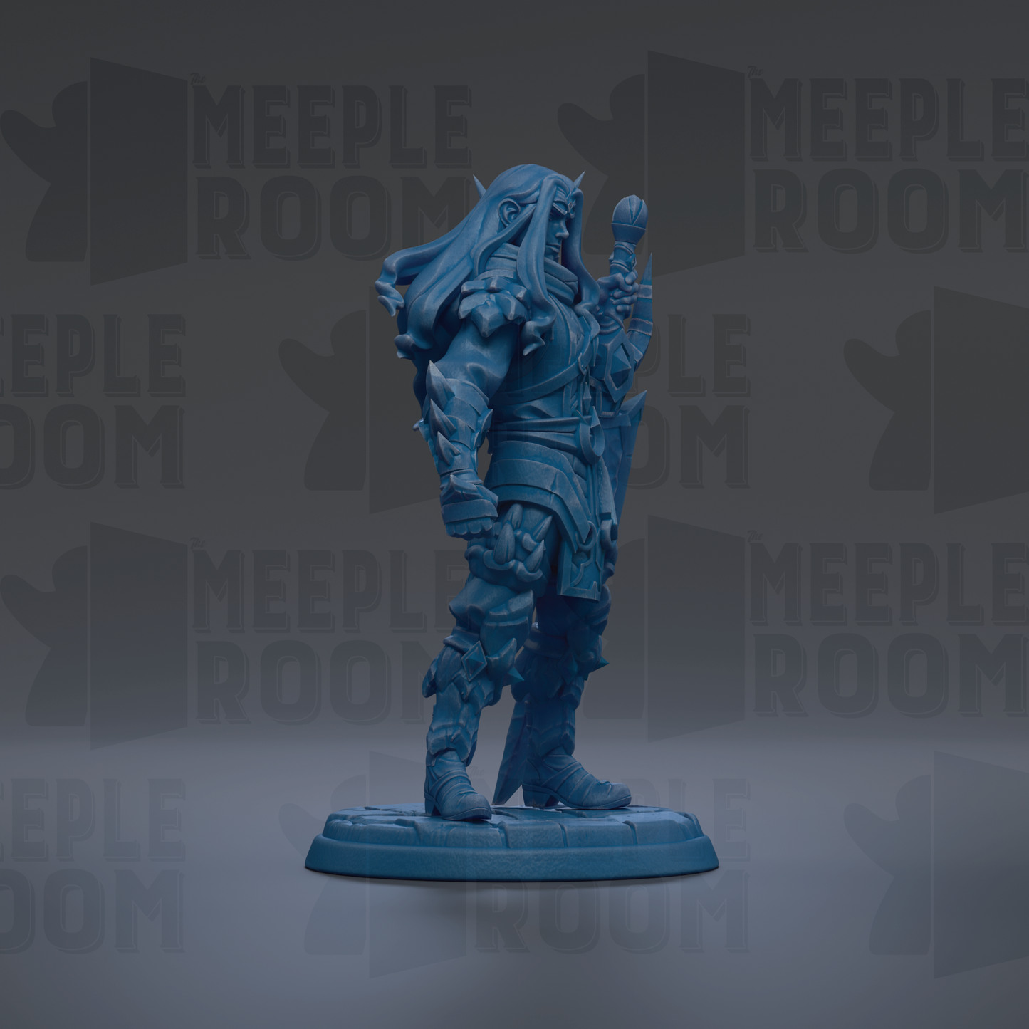 A blue, armored warrior figure stands on a platform against a dark background with repeated "MEIPLE ROOM" text.