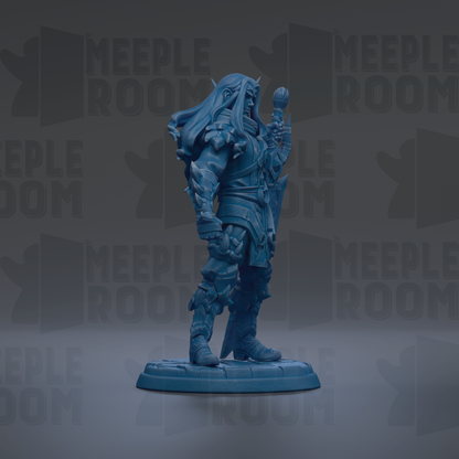 A blue, armored warrior figure stands on a platform against a dark background with repeated "MEIPLE ROOM" text.