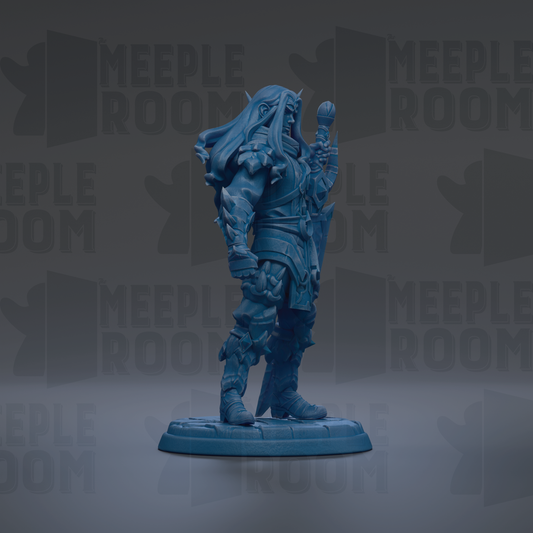 A blue, armored warrior figure stands on a platform against a dark background with repeated "MEIPLE ROOM" text.