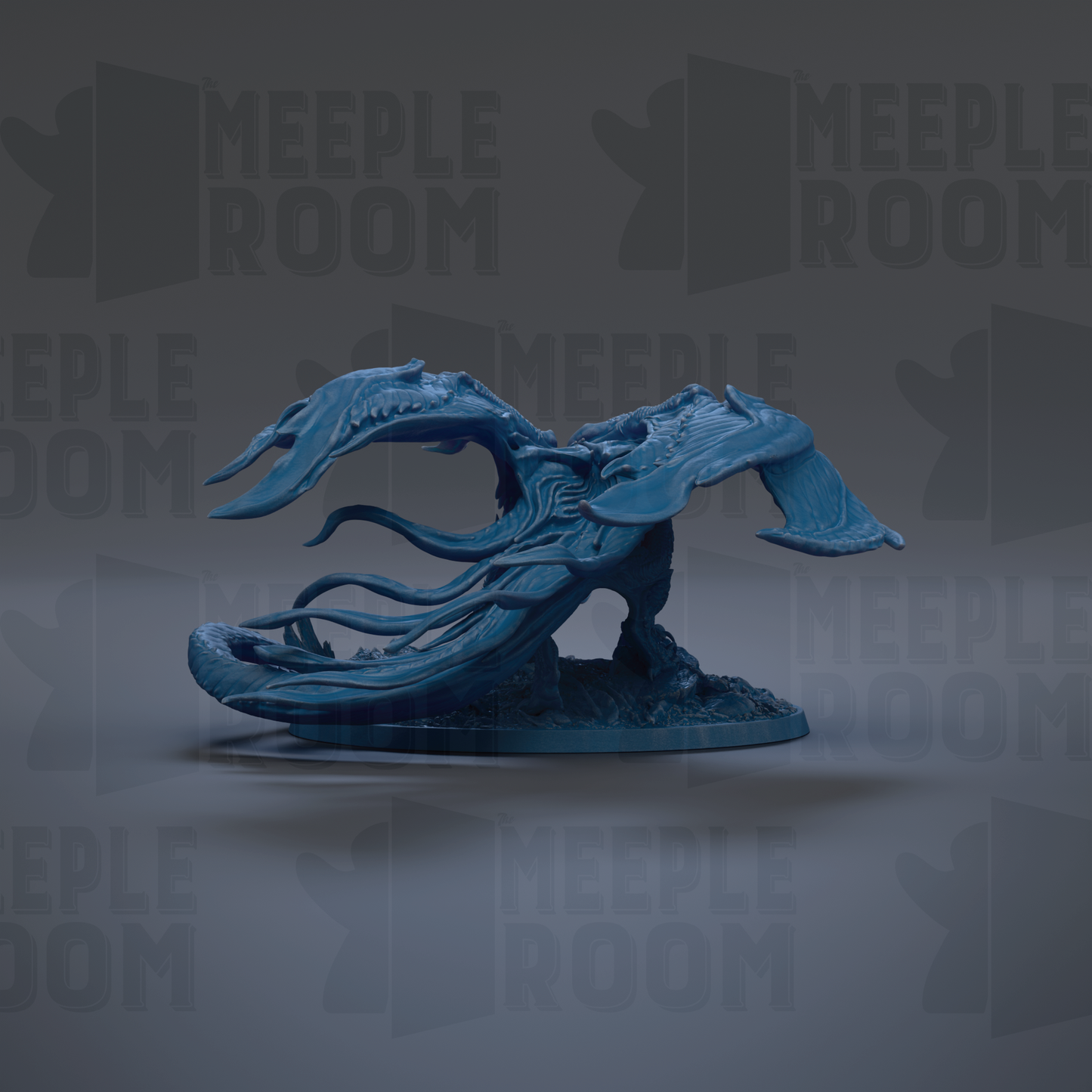 A blue, winged creature resembling a dragon or mythical creature is displayed against a dark background with repeated text.