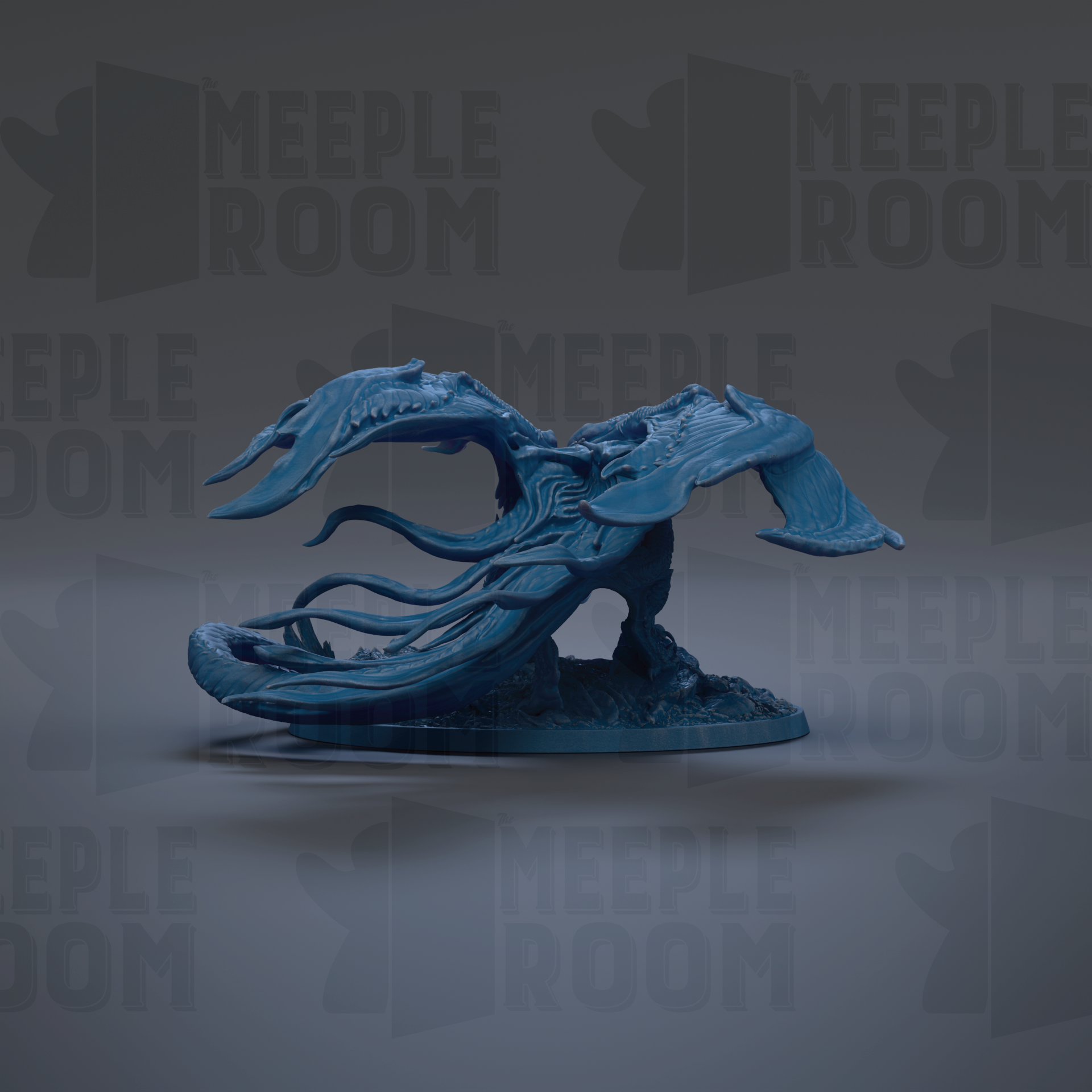 A blue, winged creature resembling a dragon or mythical creature is displayed against a dark background with repeated text.