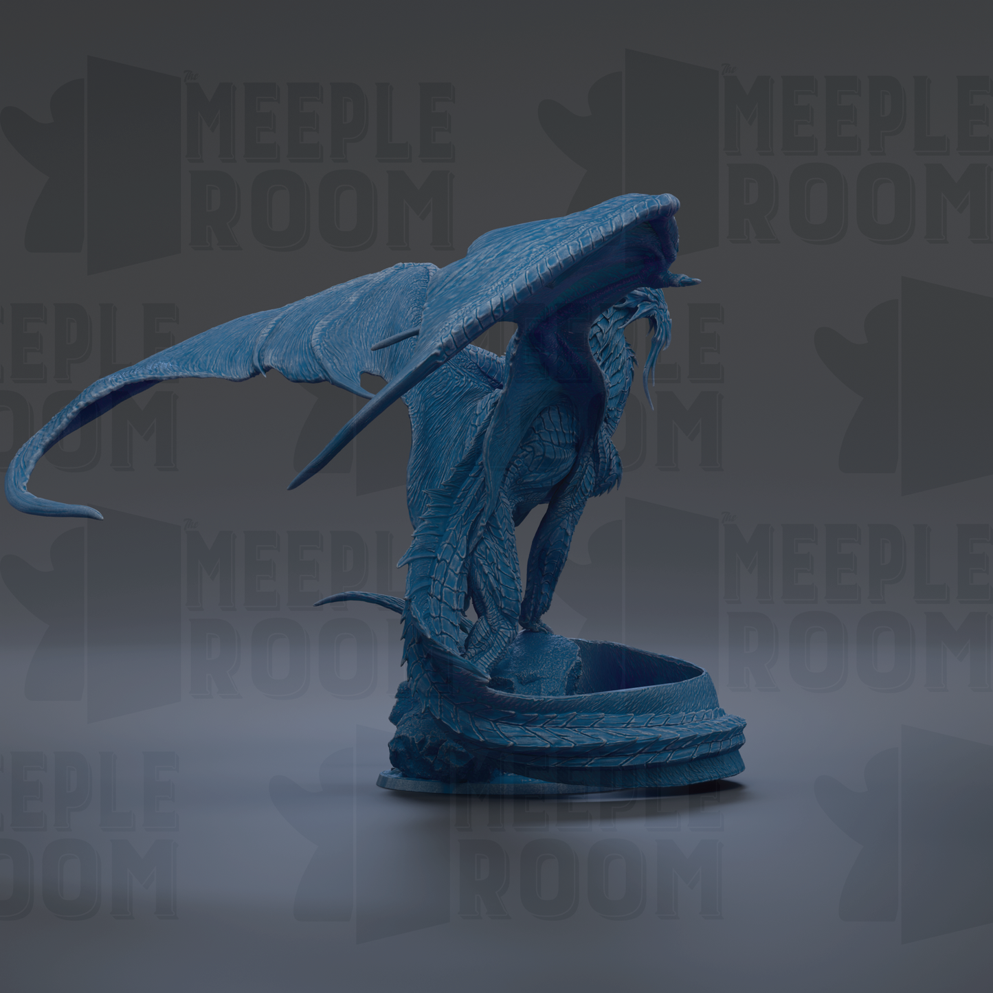 A blue dragon statue with outstretched wings, standing on a pedestal.