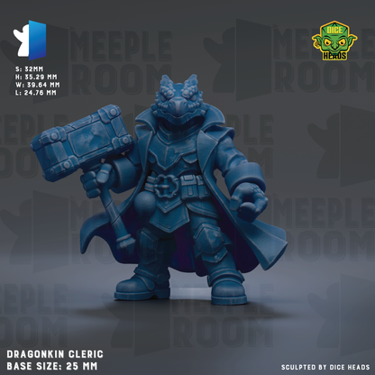 A detailed 3D model of a Dragonkin Cleric character, a fantasy role-playing game character, is shown in the image. The character is depicted in a dynamic pose, holding a hammer and standing in a fighting stance. The image is a collage of various images, and the base size of the character is 25mm. The image is created by Dice Heads.