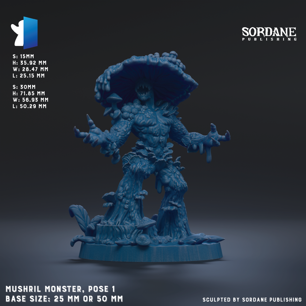 The image is a 3D rendering of a blue, mushroom-like creature with a large head and extended arms, standing on a base. The creature appears to be a model or sculpture, and the image is described as a "Mushril Monster, pose 1" with a base size of either 25mm or 50mm.