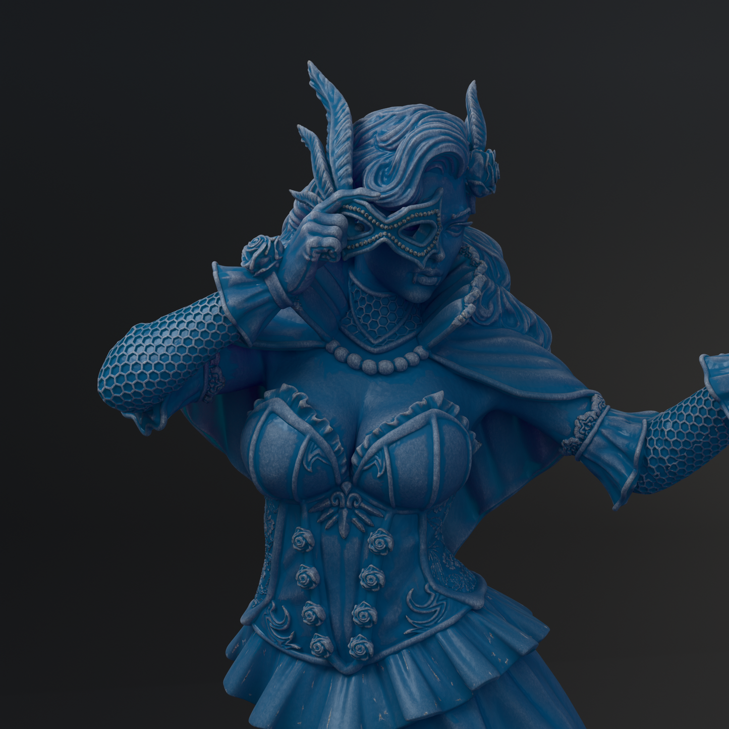A blue statue of a woman with a mask on her face, wearing a corset and holding a mask in her hand.
