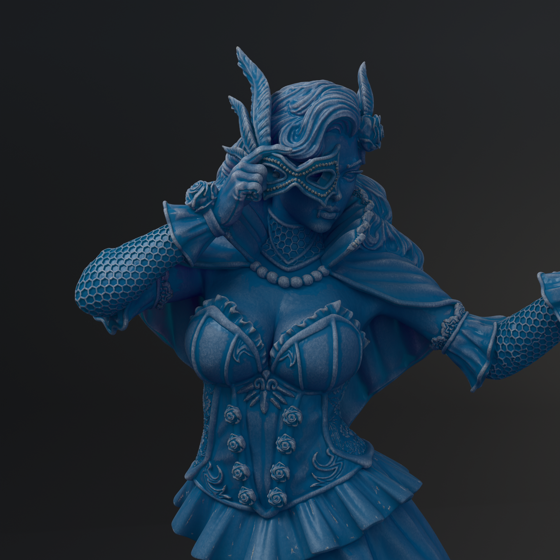 A blue statue of a woman with a mask on her face, wearing a corset and holding a mask in her hand.