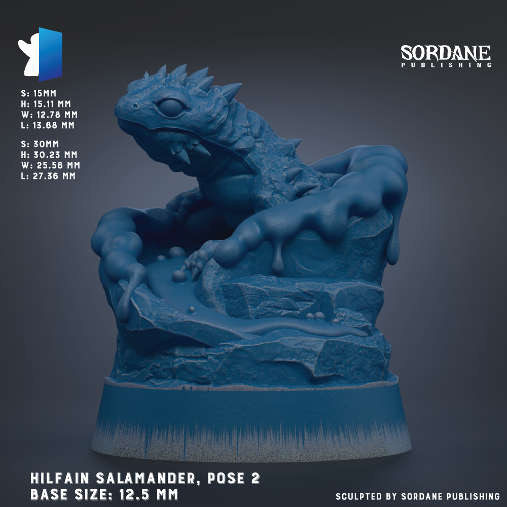The image is a 3D rendering of a blue salamander-like creature, possibly a salamander or lizard, posed on a rock formation. The creature has a long neck and sharp teeth, giving it a fierce appearance. The image is labeled with the name "Hilfain Salamander, Pose 2" and the base sizes are 12.5 mm. The image is published by Sordane Publishing.