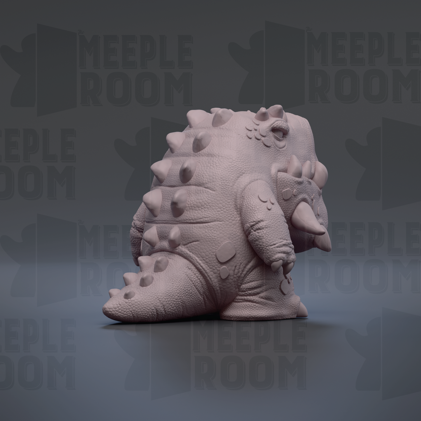 A 3D rendering of a dinosaur-like creature with spikes on its back, sitting on a surface against a dark background with repeated text.