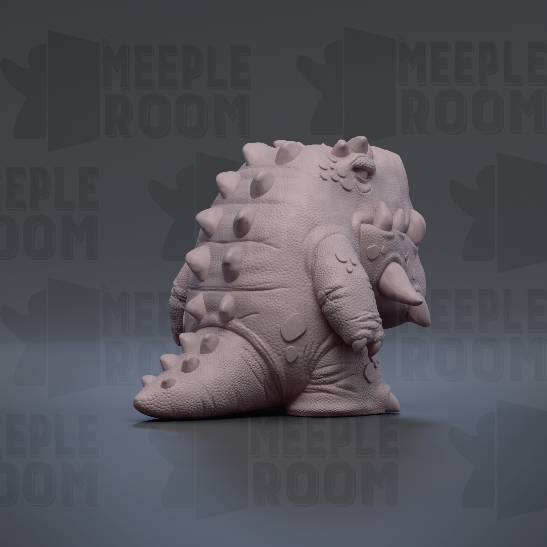 A 3D rendering of a dinosaur-like creature with spikes on its back, sitting on a surface against a dark background with repeated text.
