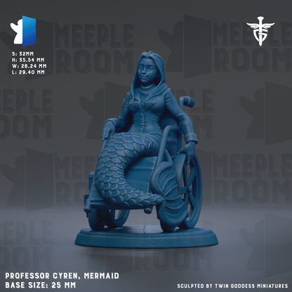 a figurine of a mermaid in a wheelchair, with the text "MEEPLE ROOM" and "PROFESSOR CYREN, MERMAID" visible. The base size of the figurine is 25mm.