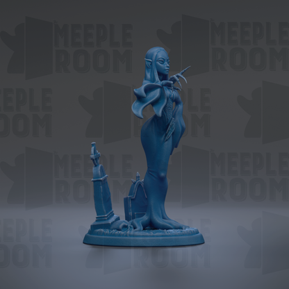 A blue figurine of a woman with long hair and a flowing cape, standing on a pedestal with a cross and a tombstone, against a dark background with repeated text.