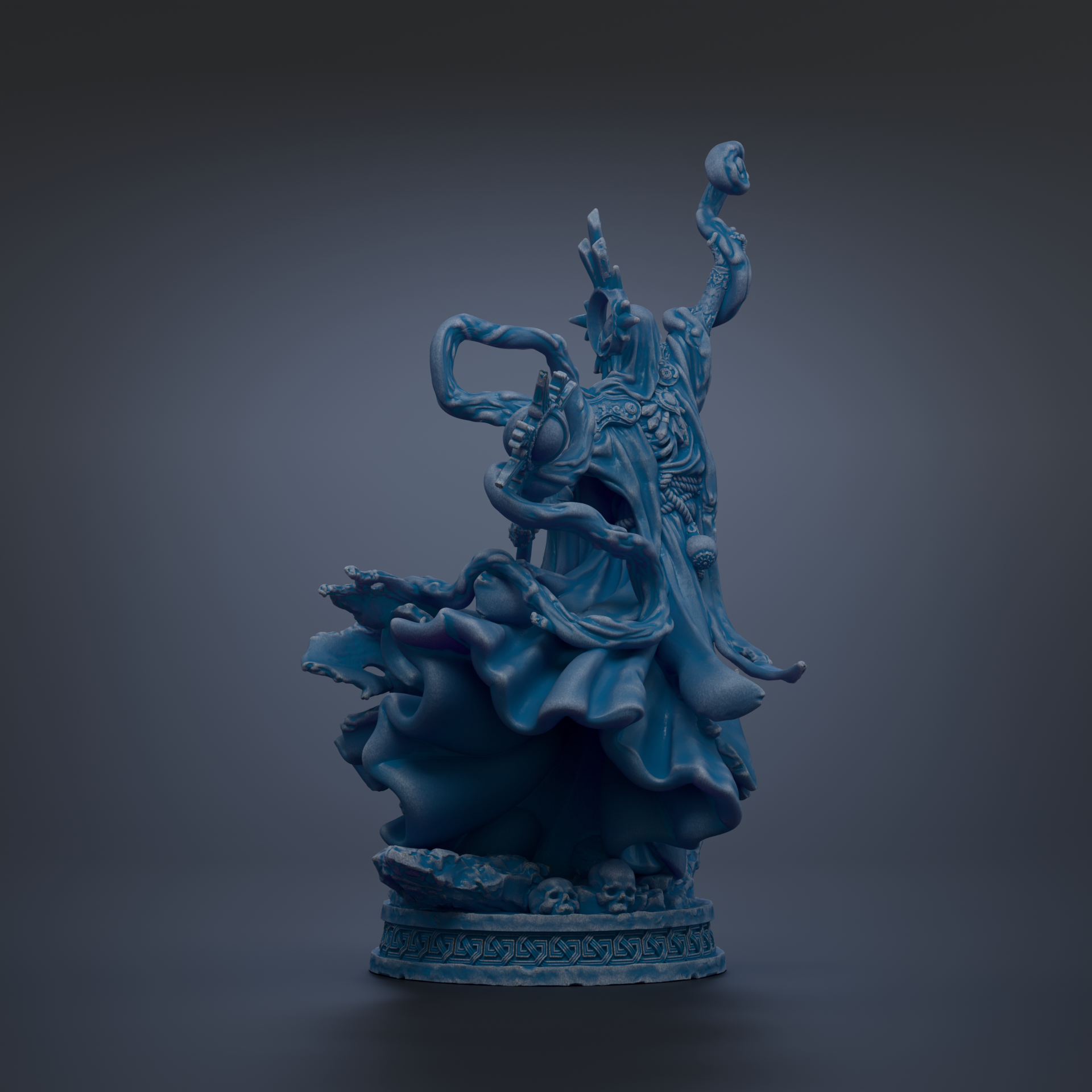 A blue, 3D-rendered statue of a figure with flowing robes and a headdress, standing on a pedestal against a dark background.