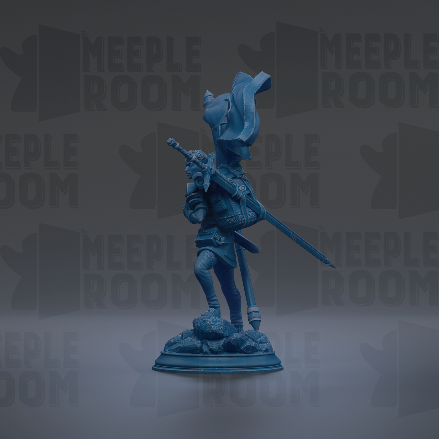 A blue statue of a warrior figure holding a sword and shield, standing on a pedestal.