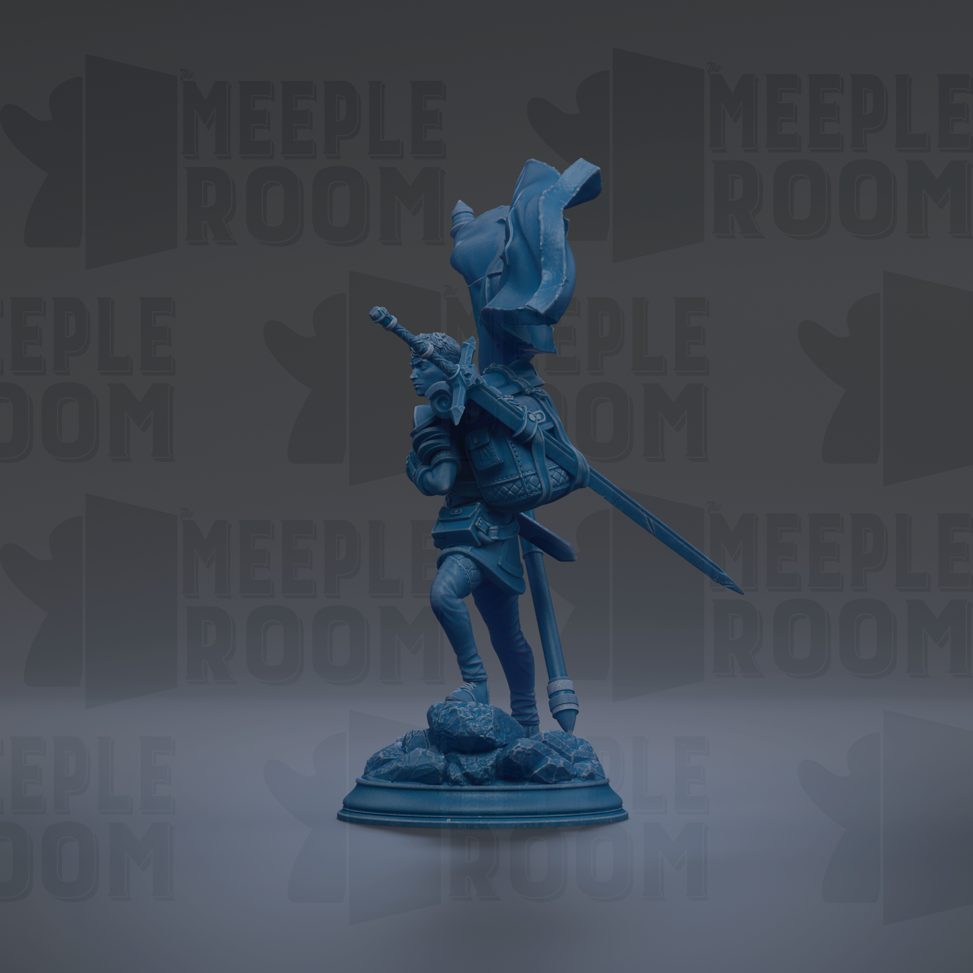 A blue statue of a warrior figure holding a sword and shield, standing on a pedestal.