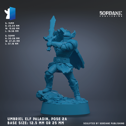 The image is a 3D rendering of an Umbriel Elf paladin, a fantasy character, posed in a standing position with a sword in hand. The base size of the figurine is 12.5 mm or 25 mm, depending on the perspective. The image is published by Sordane Publishing.