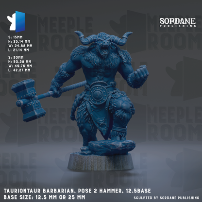The image is a detailed 3D rendering of a Tauriontaur barbarian figure, posed with a hammer and standing on a base. The figure is shown in a dynamic pose, with horns and a fierce expression. The background features repeated text and logos, including the words "MEUPLE" and "SORDANE PUBLISHING". The base size of the figure is either 12.5 mm or 25 mm, depending on the interpretation.