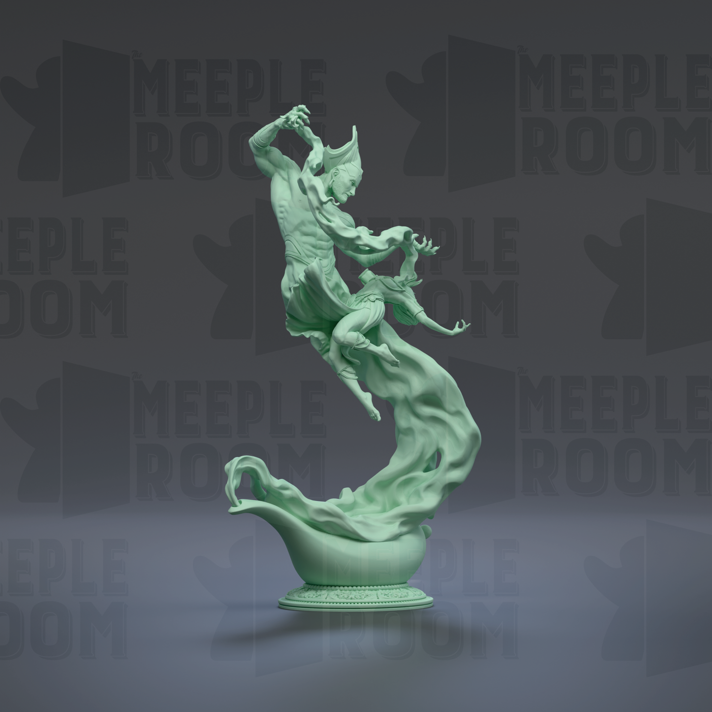 A green statue of a man and a woman dancing on a pedestal against a dark background.
