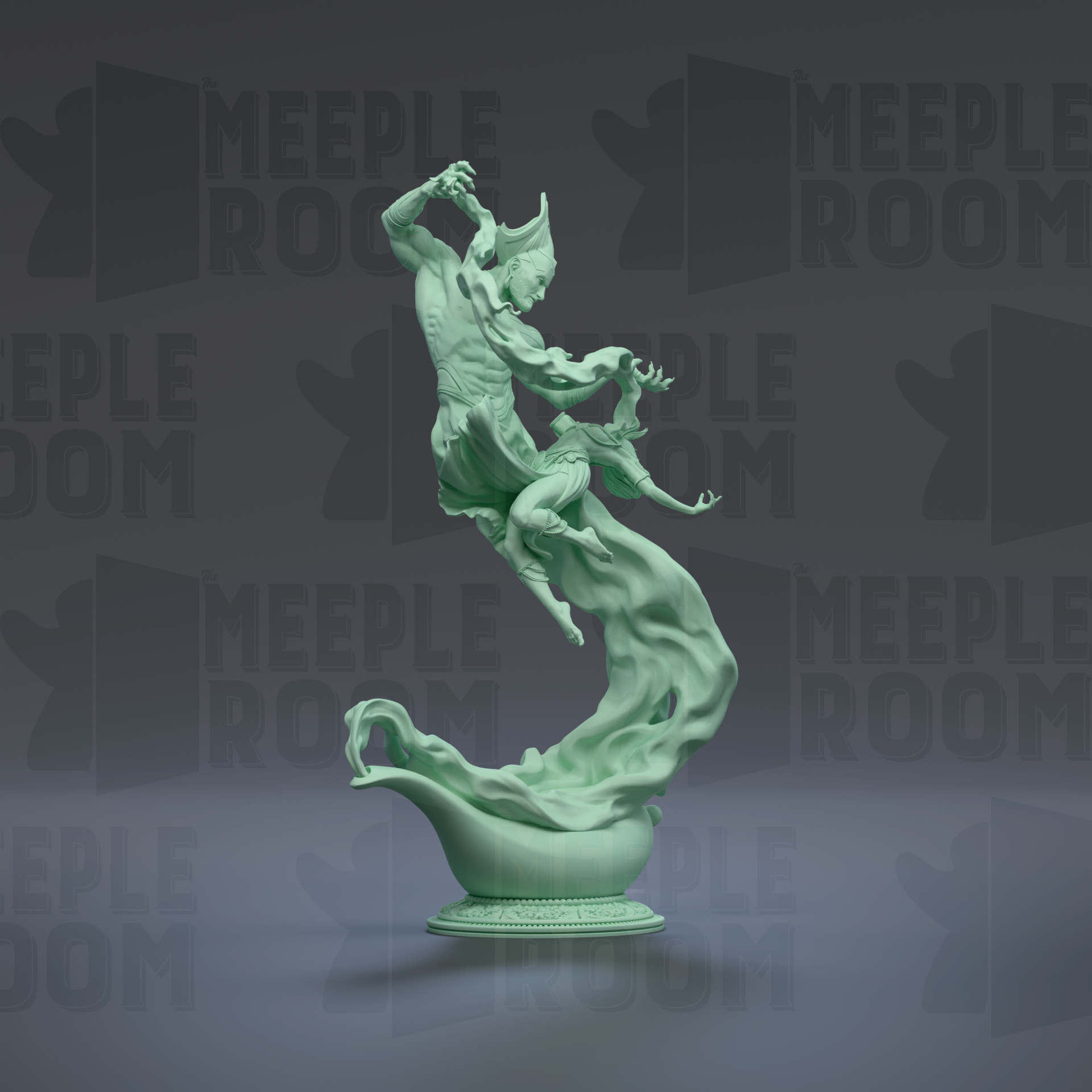 A green statue of a man and a woman dancing on a pedestal against a dark background.