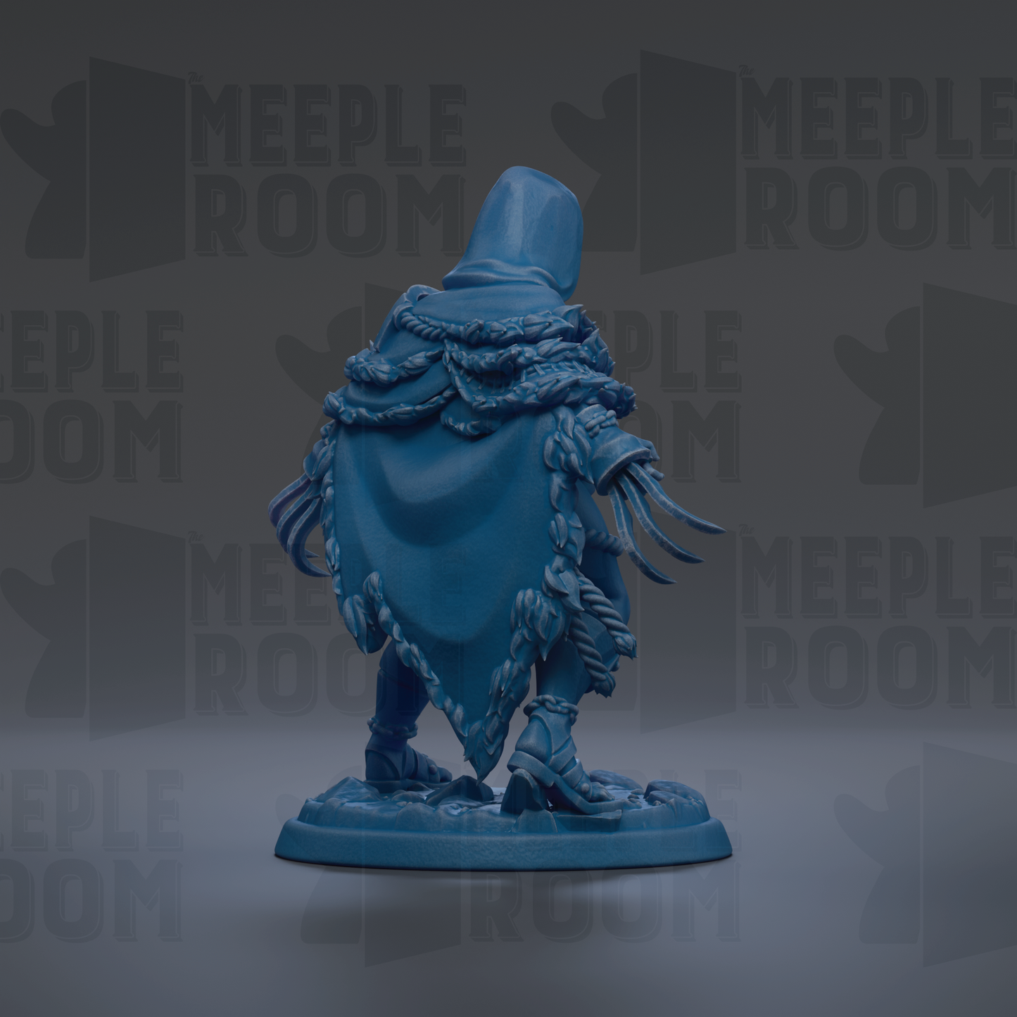 A blue figurine of a person wearing a hooded cloak, standing on a base.