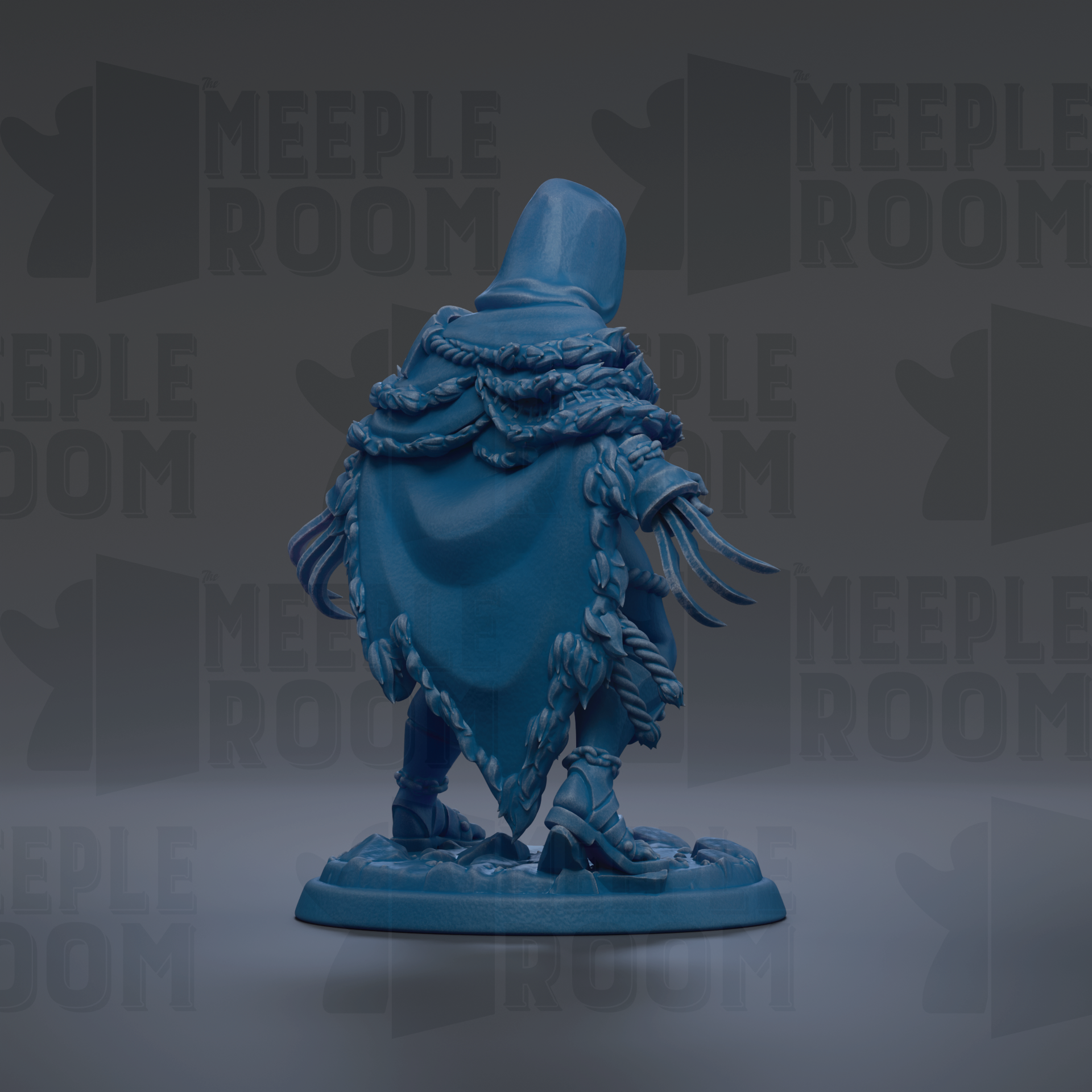 A blue figurine of a person wearing a hooded cloak, standing on a base.