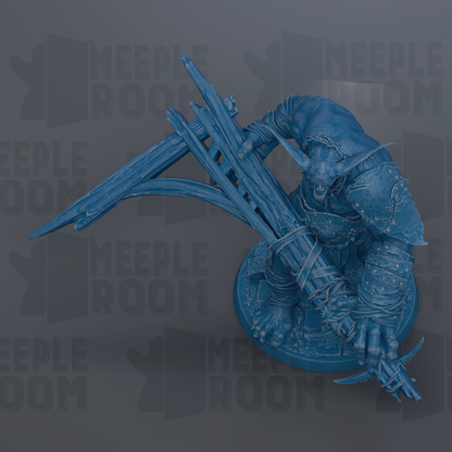 A blue, 3D-rendered warrior figure holding a spear and shield, standing on a platform.