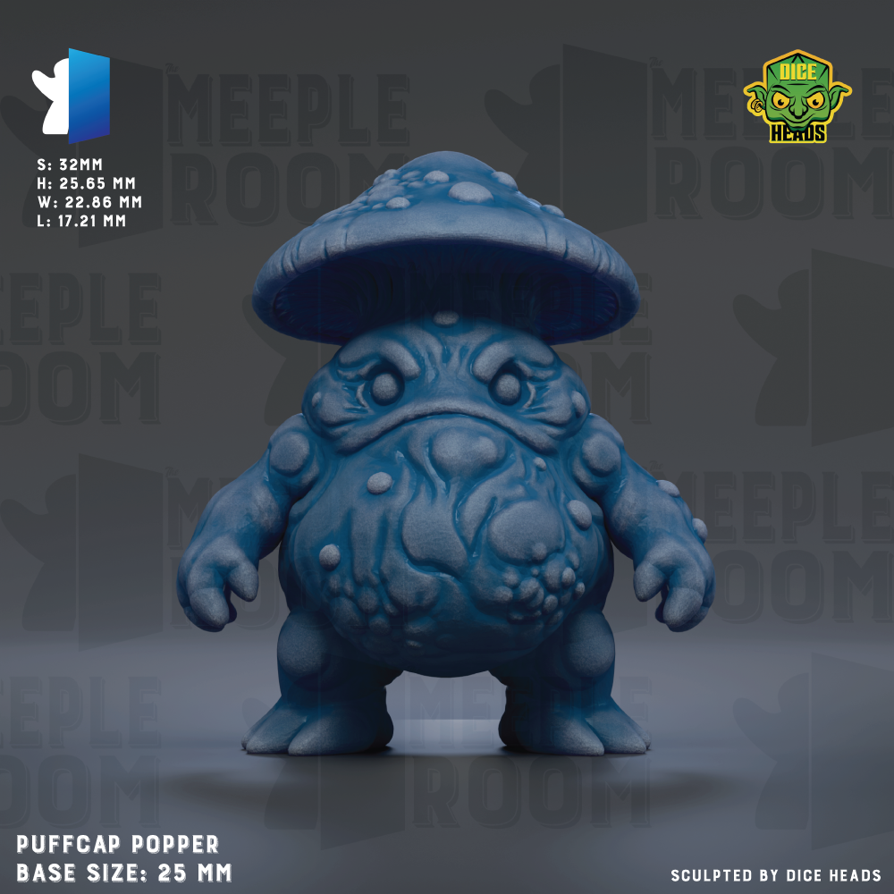 a large, blue, mushroom-like creature with a round head and a wide body, standing on a gray surface.