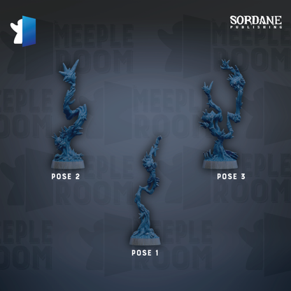 three blue figurines of fantastical creatures, each with a unique pose, arranged against a dark background with repeated text.