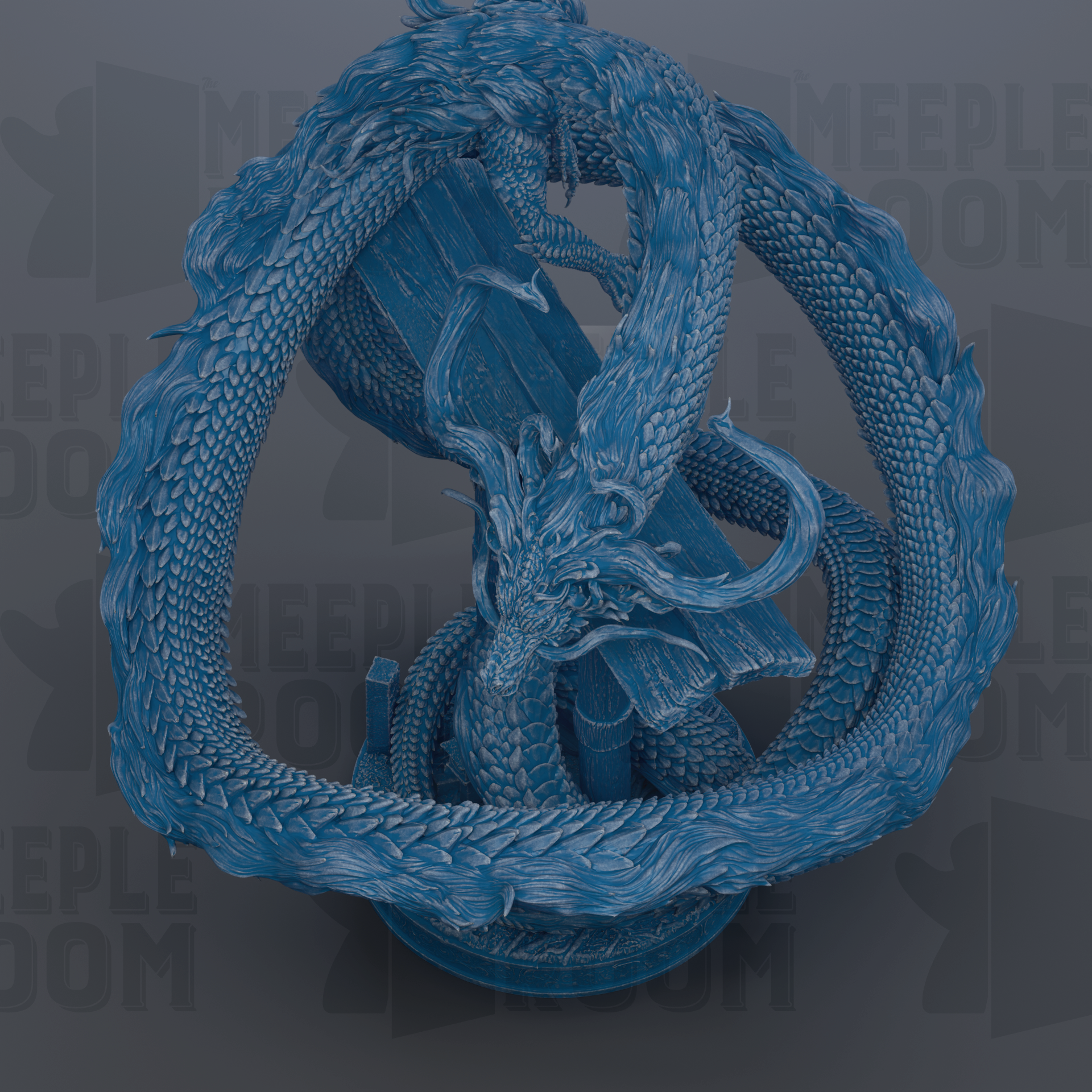 A detailed, blue-colored dragon sculpture with intricate scales and flowing, coiled body.